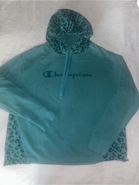 Champion Teal Green Hoodie with Leopard Trim